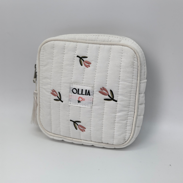 Royal Fair White Quilted Toiletry Bag Embroidered Design Compact Cosmetic Organizer Multi-Pocket Travel Storage