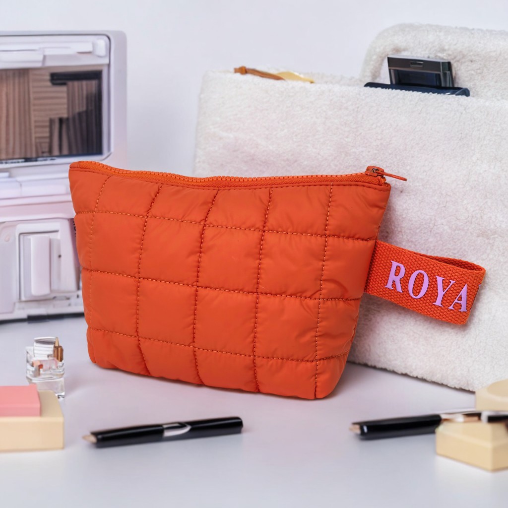 RF Solid Color Checkered Quilted Makeup Bag