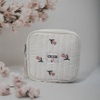 Royal Fair White Quilted Toiletry Bag Embroidered Design Compact Cosmetic Organizer Multi-Pocket Travel Storage
