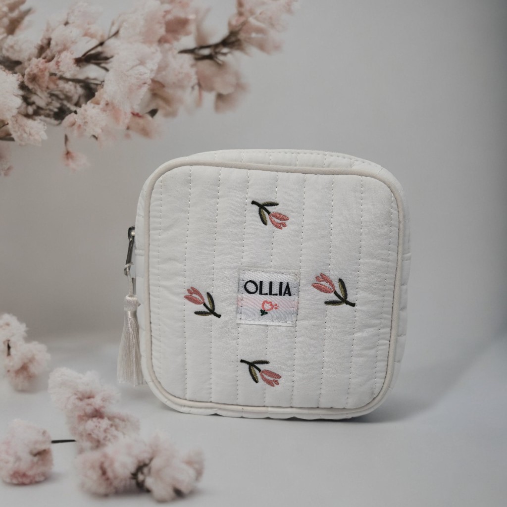 Royal Fair White Quilted Toiletry Bag Embroidered Design Compact Cosmetic Organizer Multi-Pocket Travel Storage